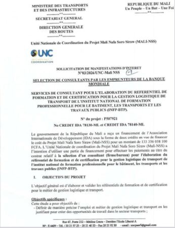 SERVICES DE CONSULTANT POUR L’ELABORATION DU REFERENTIEL DE FORMATION ET DE CERTIFICATION POUR LA GESTION LOGISTIQUE DE TRANSPORT DE L’INSTITUT NATIONAL DE FORMATION PROFESSIONNELLE